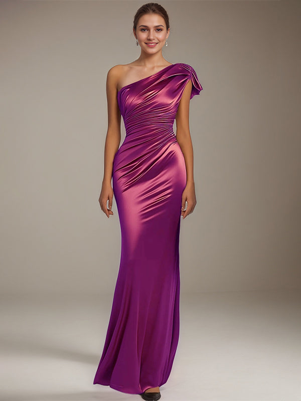 Formal Party Satin Dress Purple One-Shoulder Pleated Floor-Length Dress