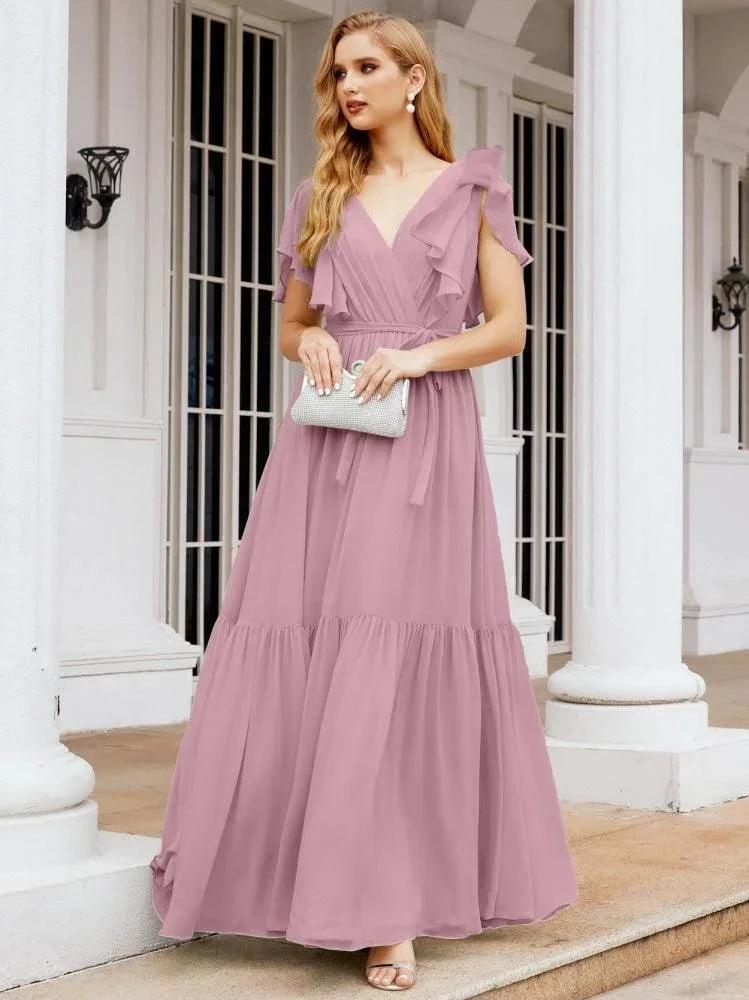 Numbersea Women's Open Back Formal Evening Party Prom Gowns V-Neck Long Chiffon Bridesmaid Dresses with Waist Belt 28038 by numbersea