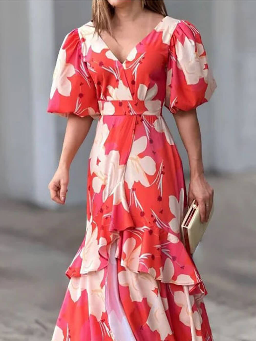 Elegant V Neck Printed Layered Dress