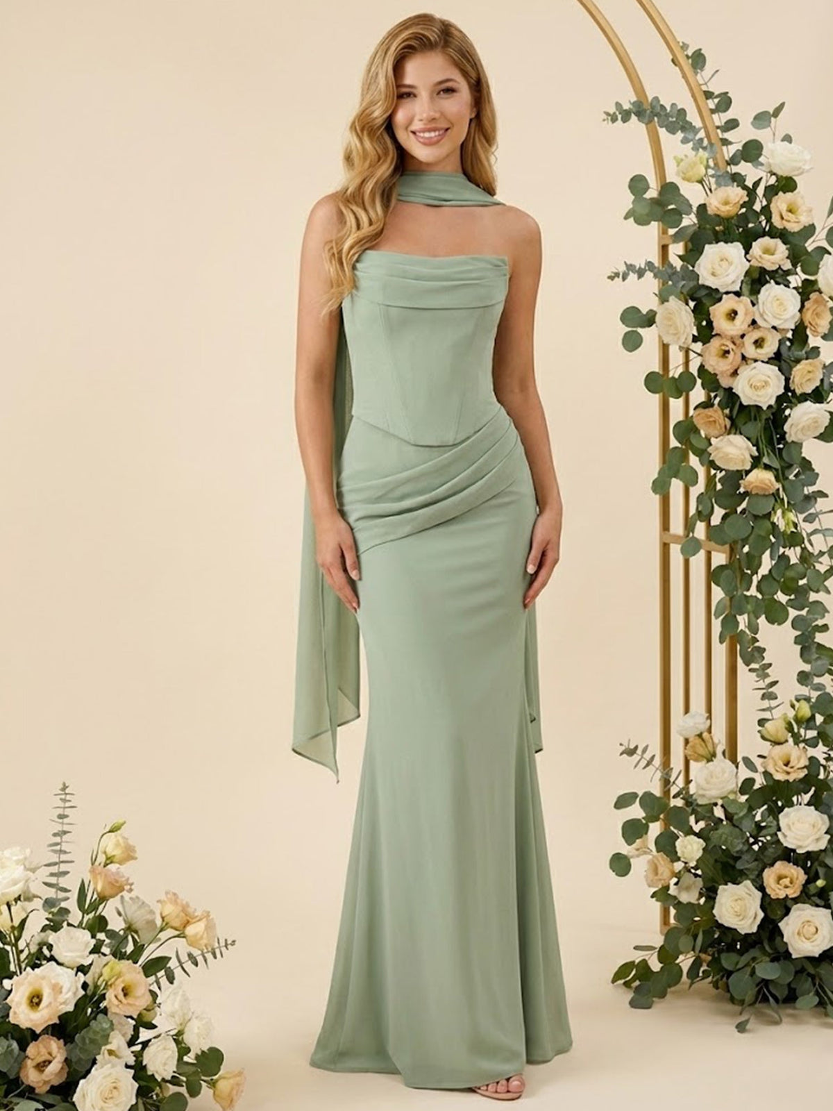 Strapless Mermaid Satin Long Bridesmaid Dresses with Scarf - FashionDia