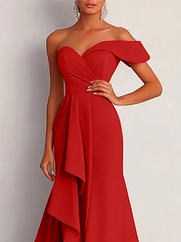 Formal Dress Red One-Shoulder Asymmetrical Floor-Length Gown - View 2 | FashionDia