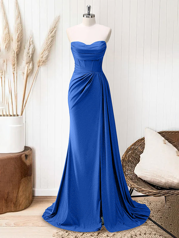 Glitter Royal Blue Strapless Mermaid Long Prom Dress with Slit