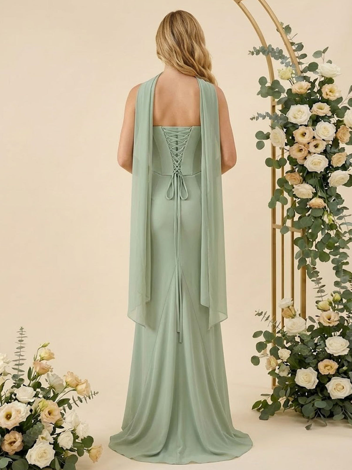 Strapless Mermaid Satin Long Bridesmaid Dresses with Scarf - View 3 | FashionDia