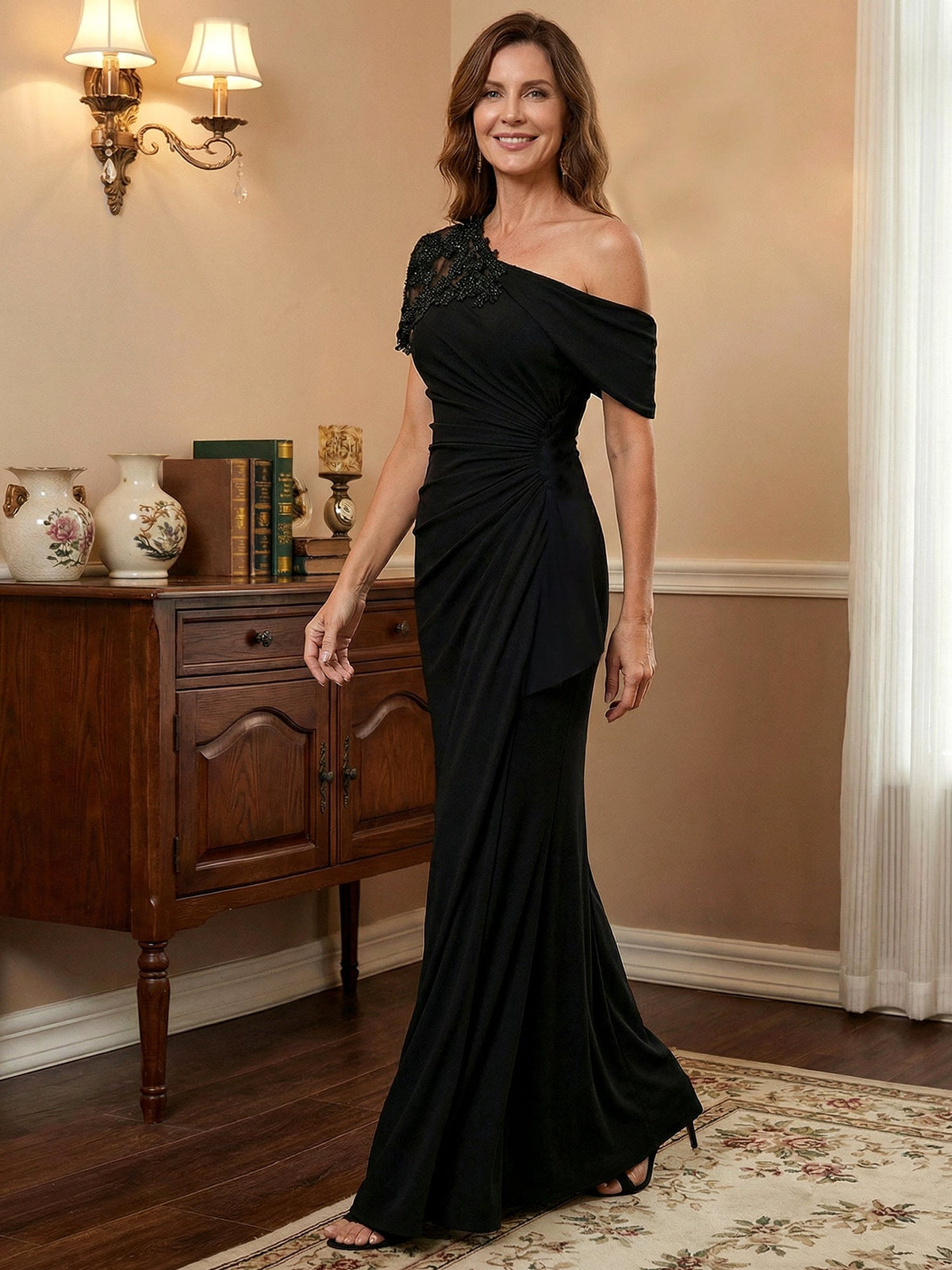 Trumpet/Mermaid Asymmetrical Mother of the Bride Dress with Appliques - View 3 | FashionDia