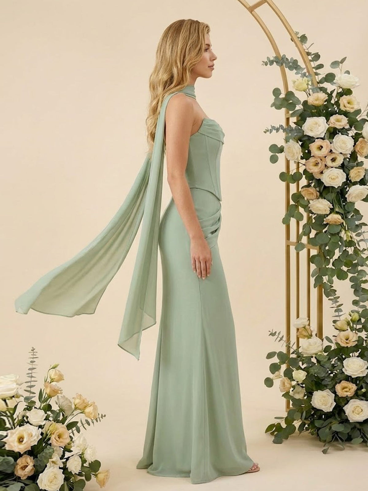 Strapless Mermaid Satin Long Bridesmaid Dresses with Scarf - View 2 | FashionDia