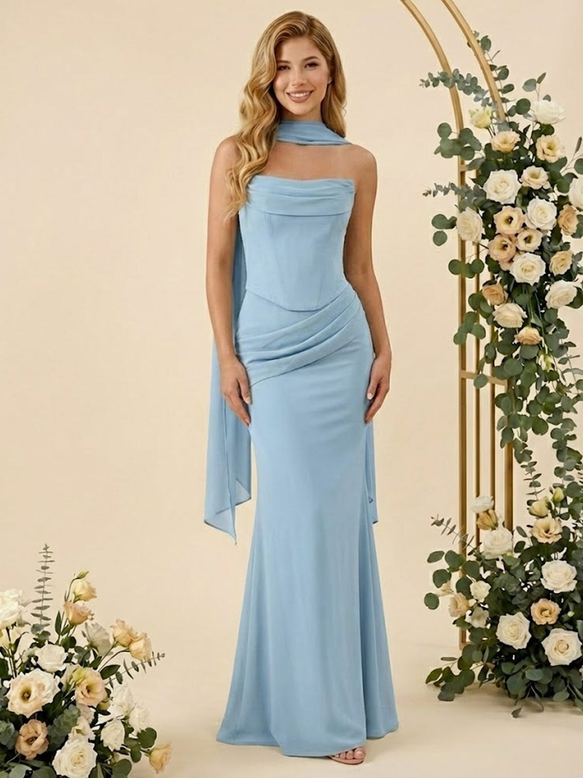 Strapless Mermaid Satin Long Bridesmaid Dresses with Scarf - View 5 | FashionDia