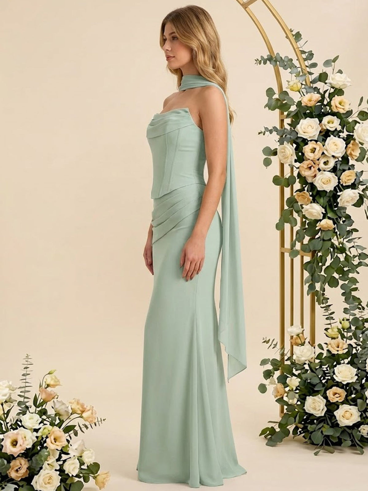 Strapless Mermaid Satin Long Bridesmaid Dresses with Scarf - View 4 | FashionDia