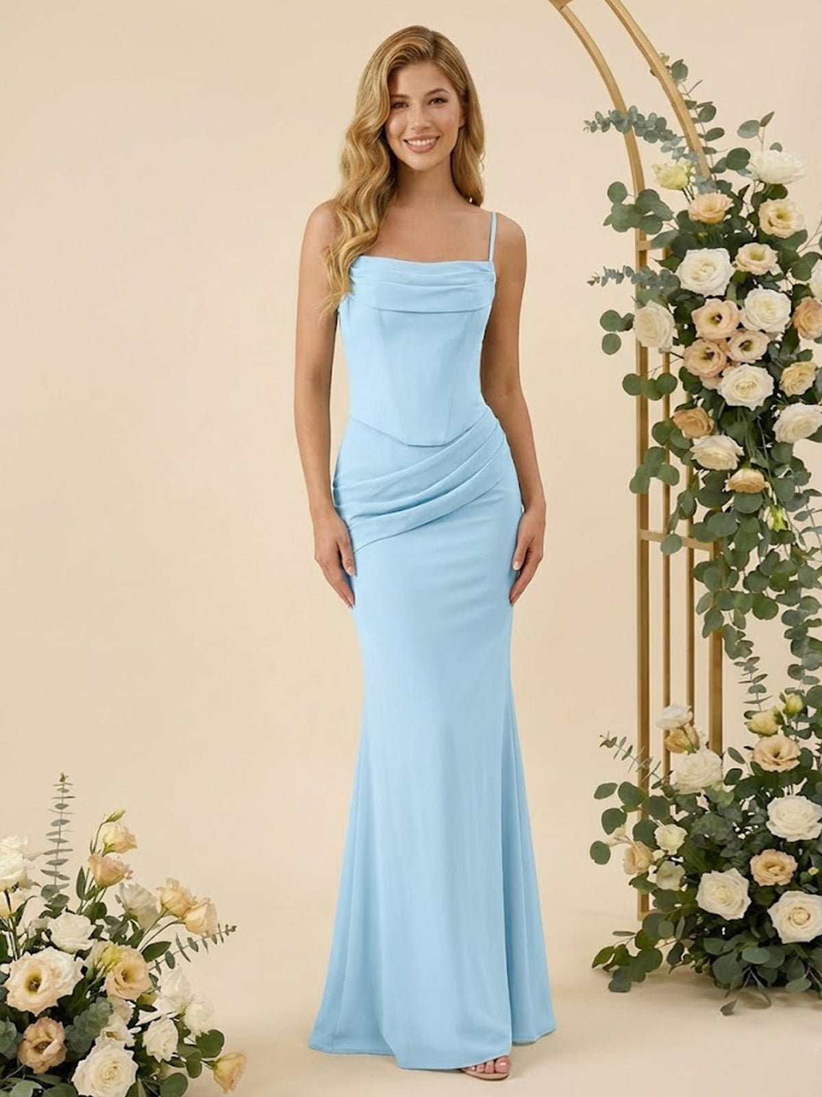 Strapless Mermaid Satin Long Bridesmaid Dresses with Scarf - View 6 | FashionDia