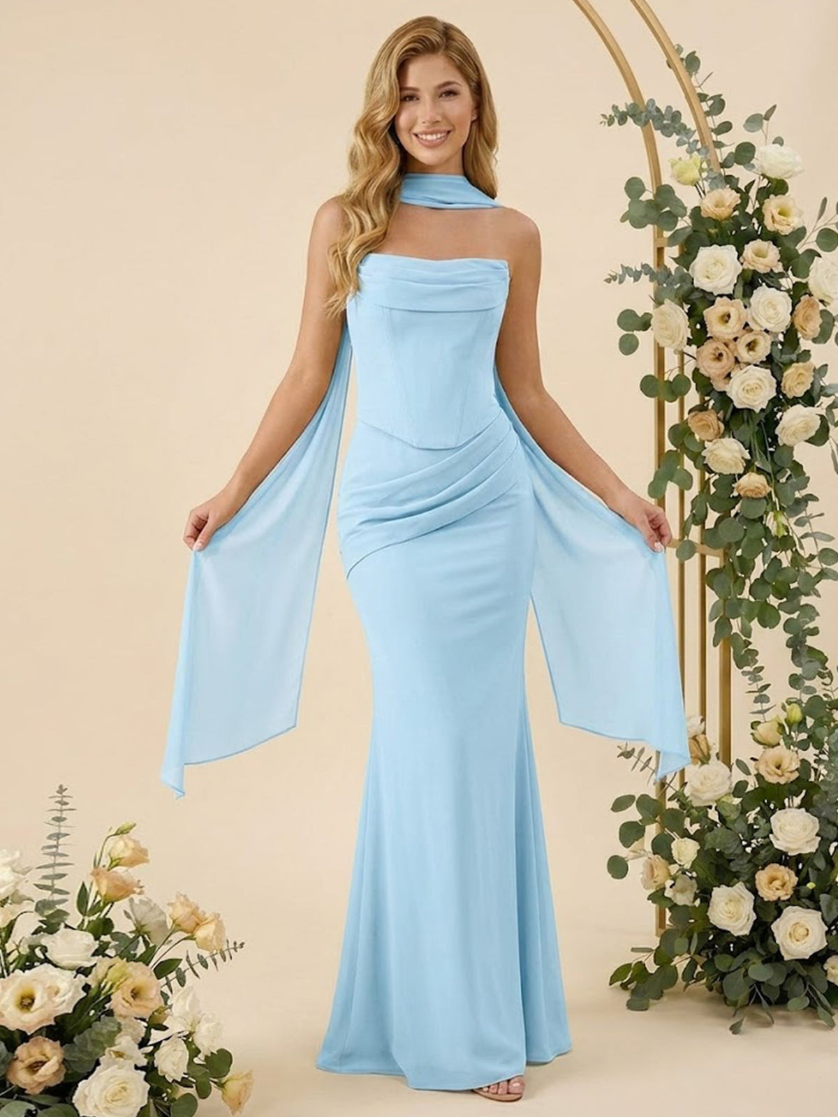 Strapless Mermaid Satin Long Bridesmaid Dresses with Scarf - View 7 | FashionDia