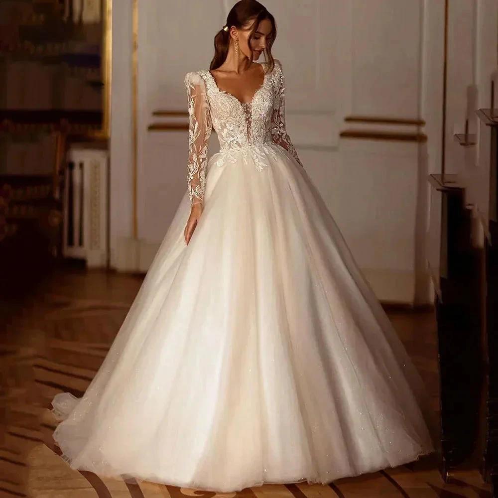 Glitter Champagne Wedding Dresses Long Sleeve Appliques Lace Modern Bridal Dress Tulle Bride Gown vestidos de novia (ZD13566) - VelvetHem