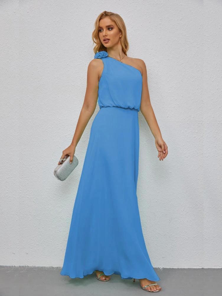 Ruffled One Shoulder Sleeveless Long Bridesmaid Dresses A-line Formal Evening Gown Side Split 28080 by numbersea
