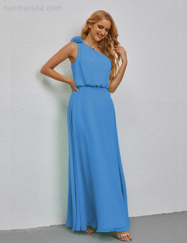 Ruffled One Shoulder Sleeveless Long Bridesmaid Dresses A-line Formal Evening Gown Side Split 28080 (ZD17018)