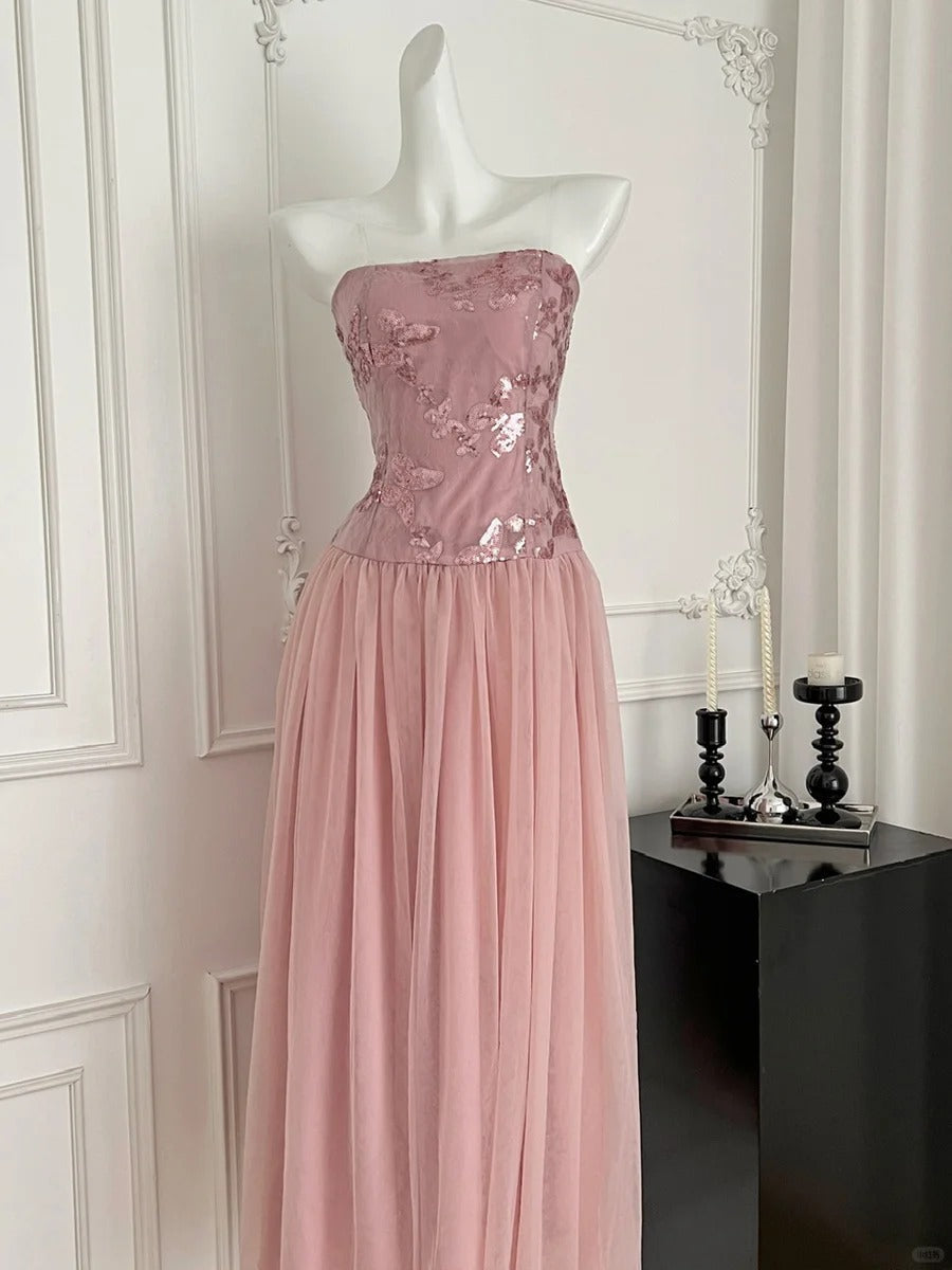 Elegant Pink A-line Tube Top Sequined Tulle Long Prom Dress Evening Dress Bridesmaid Dress