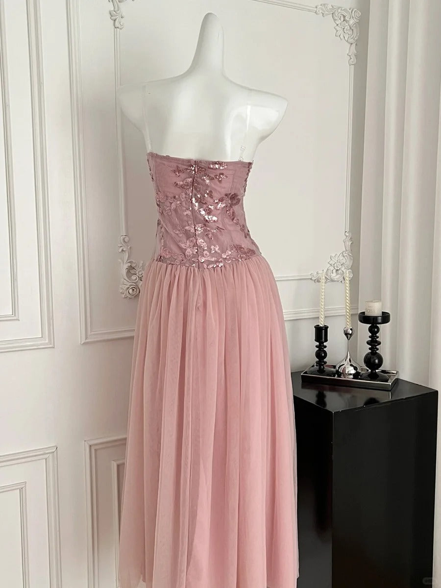 Elegant Pink A-Line Tube Top Sequined Tulle Long Prom & Evening Dress Bridesmaid Dress - View 2 | FashionDia