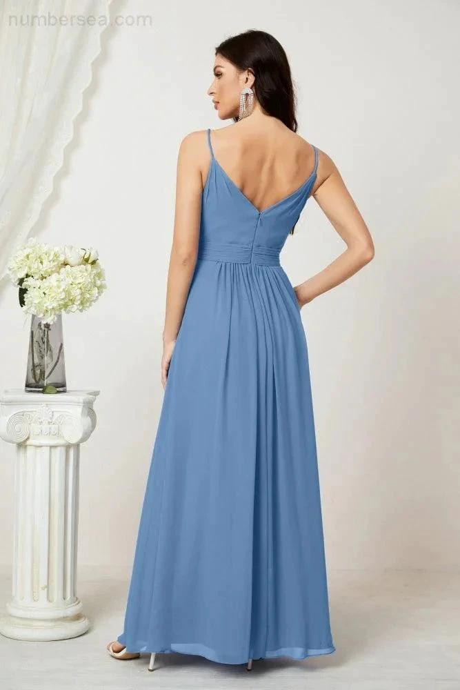 ZapDress Chiffon V-Neck Bridesmaid Dress Spaghetti Strap Long Formal Party Prom Gowns with Slit 28010 (ZD17028)