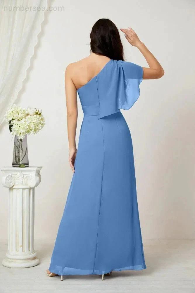 ZapDress Chiffon Ruffled One Shoulder Long Bridesmaid Dresses A-line Formal Evening Gown Side Split 2809 (ZD17049)