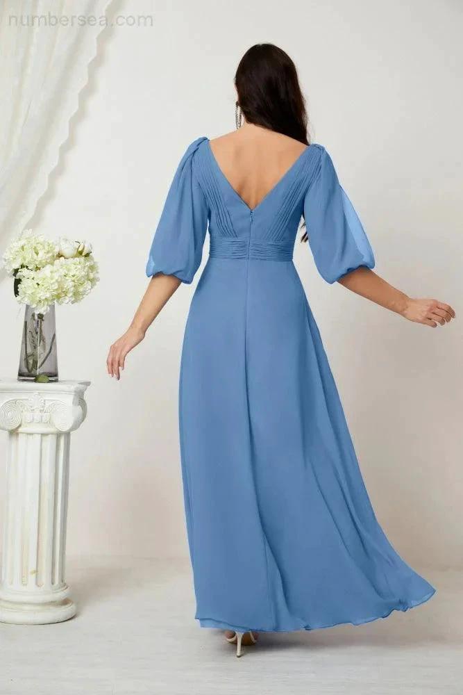 ZapDress Formal Prom Gown Women V-Neck Chiffon Bridesmaid Dresses Long Bishop Sleeve Party Dress 2807 (ZD17027)