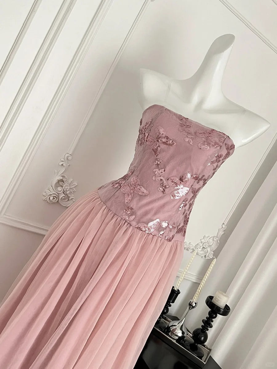 Elegant Pink A-Line Tube Top Sequined Tulle Long Prom & Evening Dress Bridesmaid Dress - View 3 | FashionDia