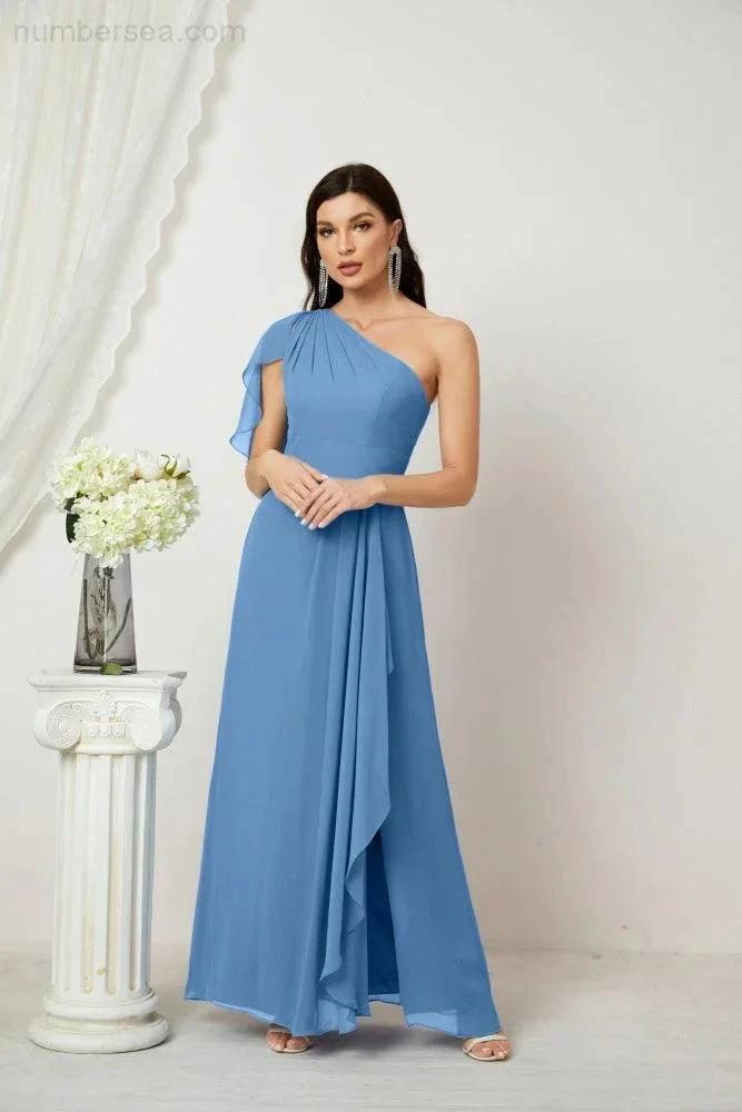 ZapDress Chiffon Ruffled One Shoulder Long Bridesmaid Dresses A-line Formal Evening Gown Side Split 2809 (ZD17049)