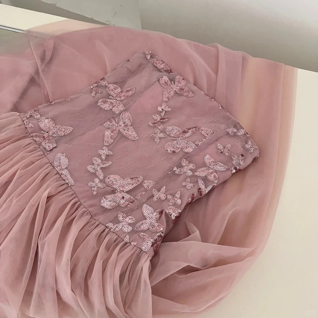 Elegant Pink A-Line Tube Top Sequined Tulle Long Prom & Evening Dress Bridesmaid Dress - View 4 | FashionDia
