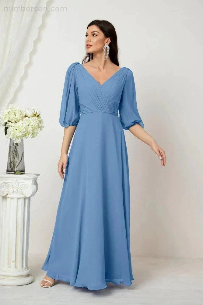 ZapDress Formal Prom Gown Women V-Neck Chiffon Bridesmaid Dresses Long Bishop Sleeve Party Dress 2807 (ZD17027)
