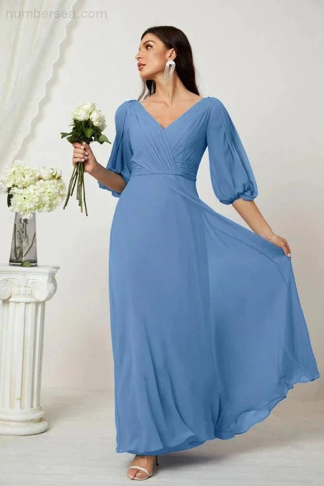 ZapDress Formal Prom Gown Women V-Neck Chiffon Bridesmaid Dresses Long Bishop Sleeve Party Dress 2807 (ZD17027)