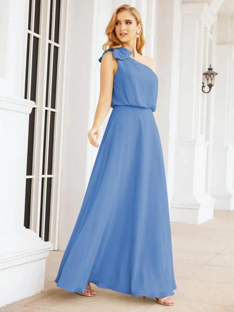 Numbersea Chiffon Ruffled One Shoulder Sleeveless Long Bride Dresses A-line Formal Evening Gown Side Split 28057 by numbersea