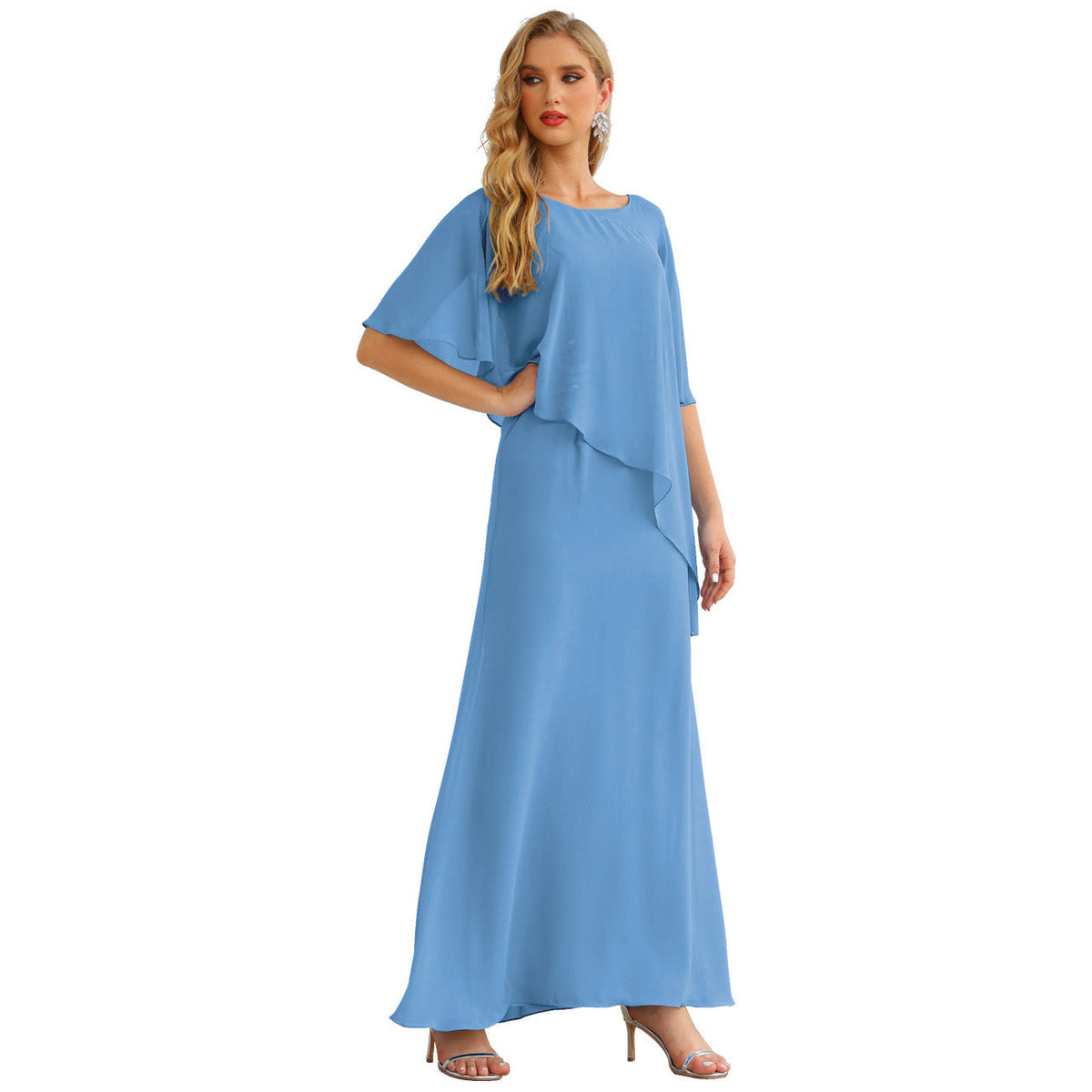 Sunnderly Chiffon Plus Size Mother of The Bride Dresses Formal Prom Gown Ruffle Cape - View 8 | VelvetHem