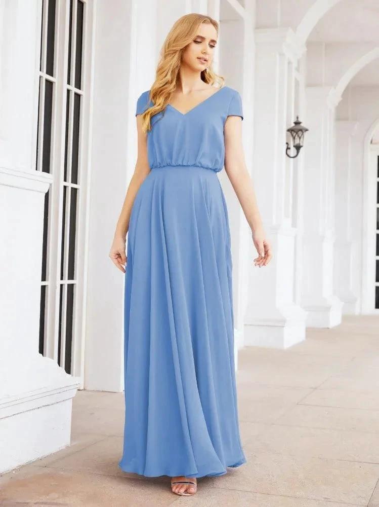 Numbersea V-Neck Bridesmaid Dresses Long Cap Sleeves Prom Evening Formal Gowns 28071 by numbersea