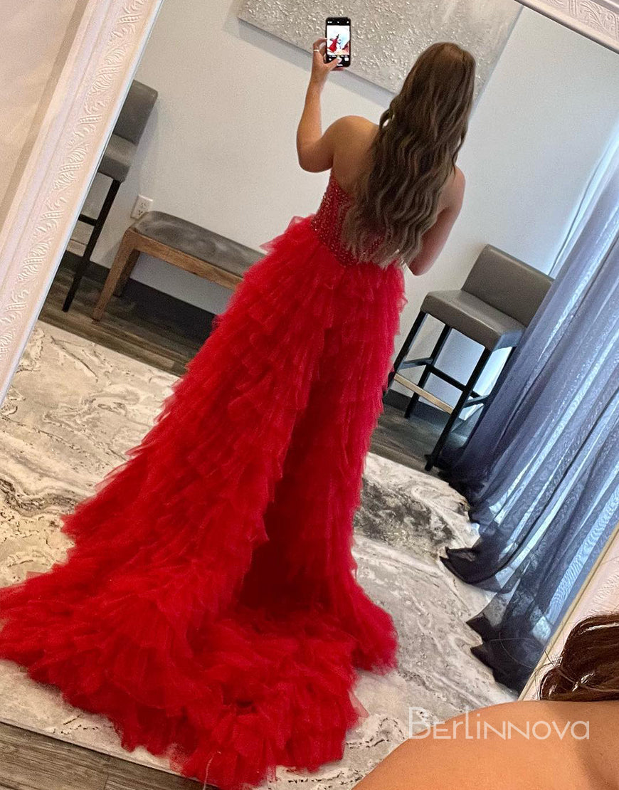 Sweetheart High-Low Tiered Long Prom Dress With Beading