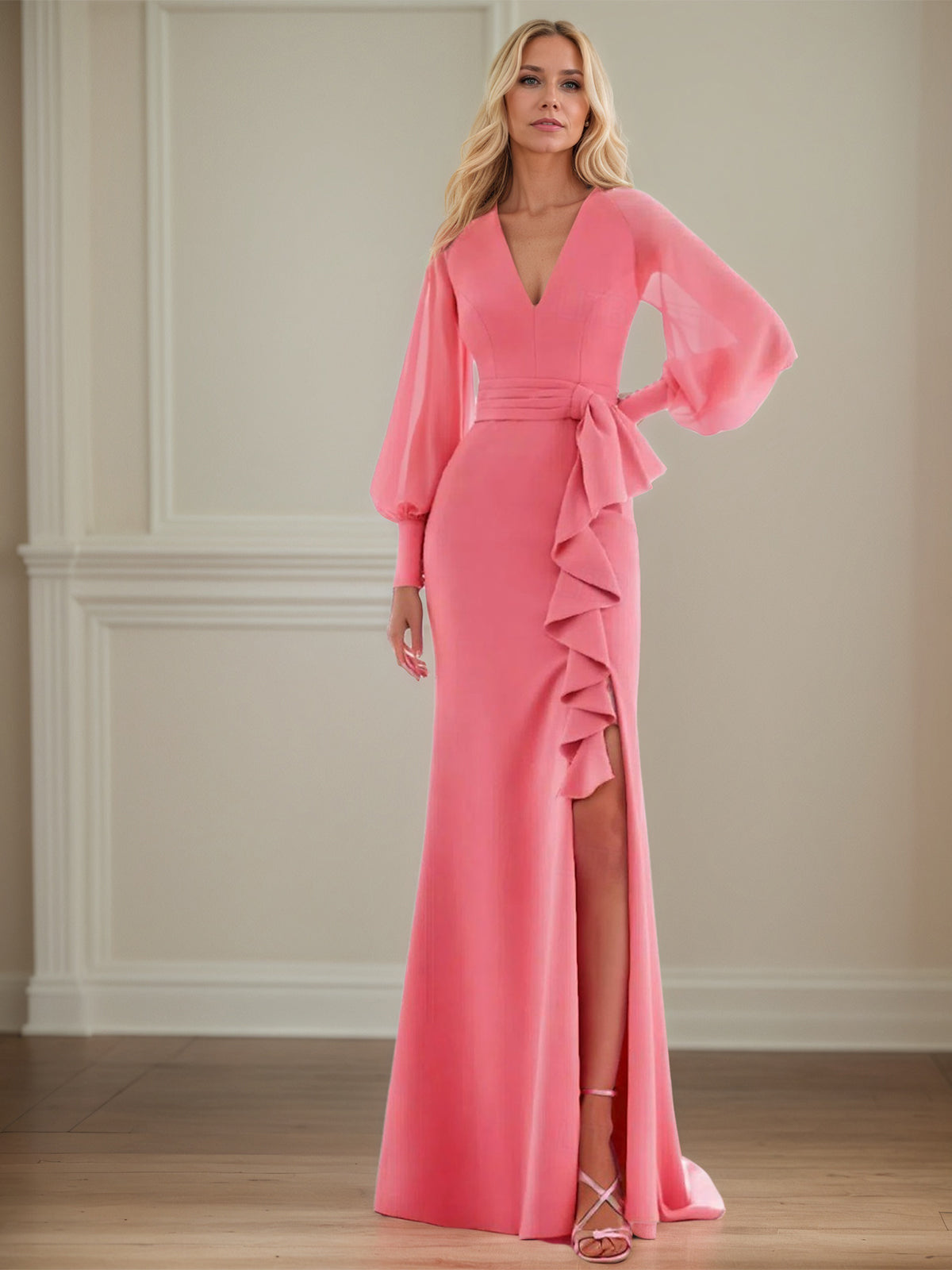 Dianthus Stretch Crepe Sheath/Column V-Neck Floor-Length Mother of the Bride Dresses - FashionDia