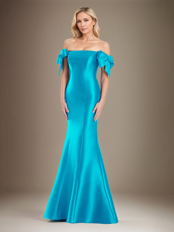 Trumpet/Mermaid Off-the-Shoulder Floor-Length Satin Mother Of The Bride Dress With Bow Sleeves - View 6 | FashionDia