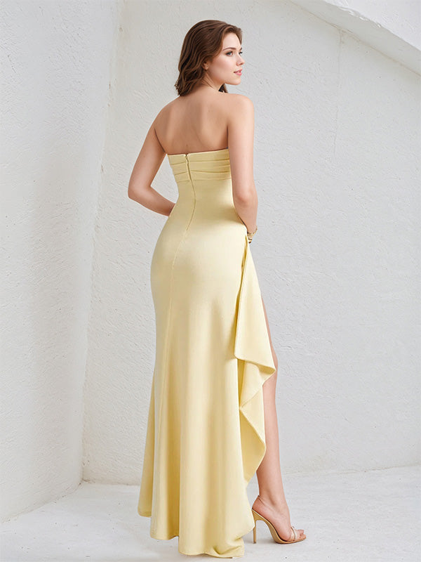 Yellow Chiffon Off the Shoulder Sleeveless Dress With High Slit