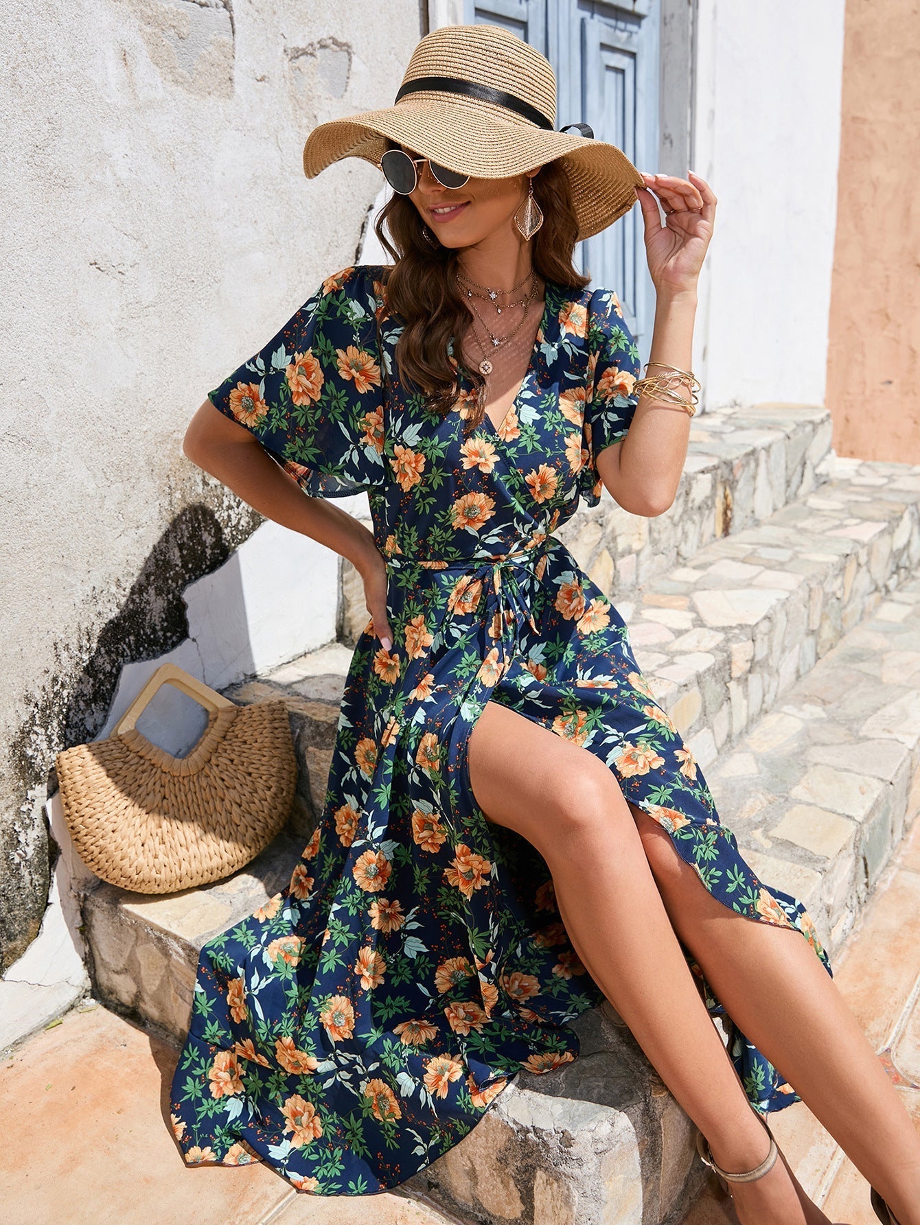 Beachy V - Neck Short Sleeve Dress with High Waist