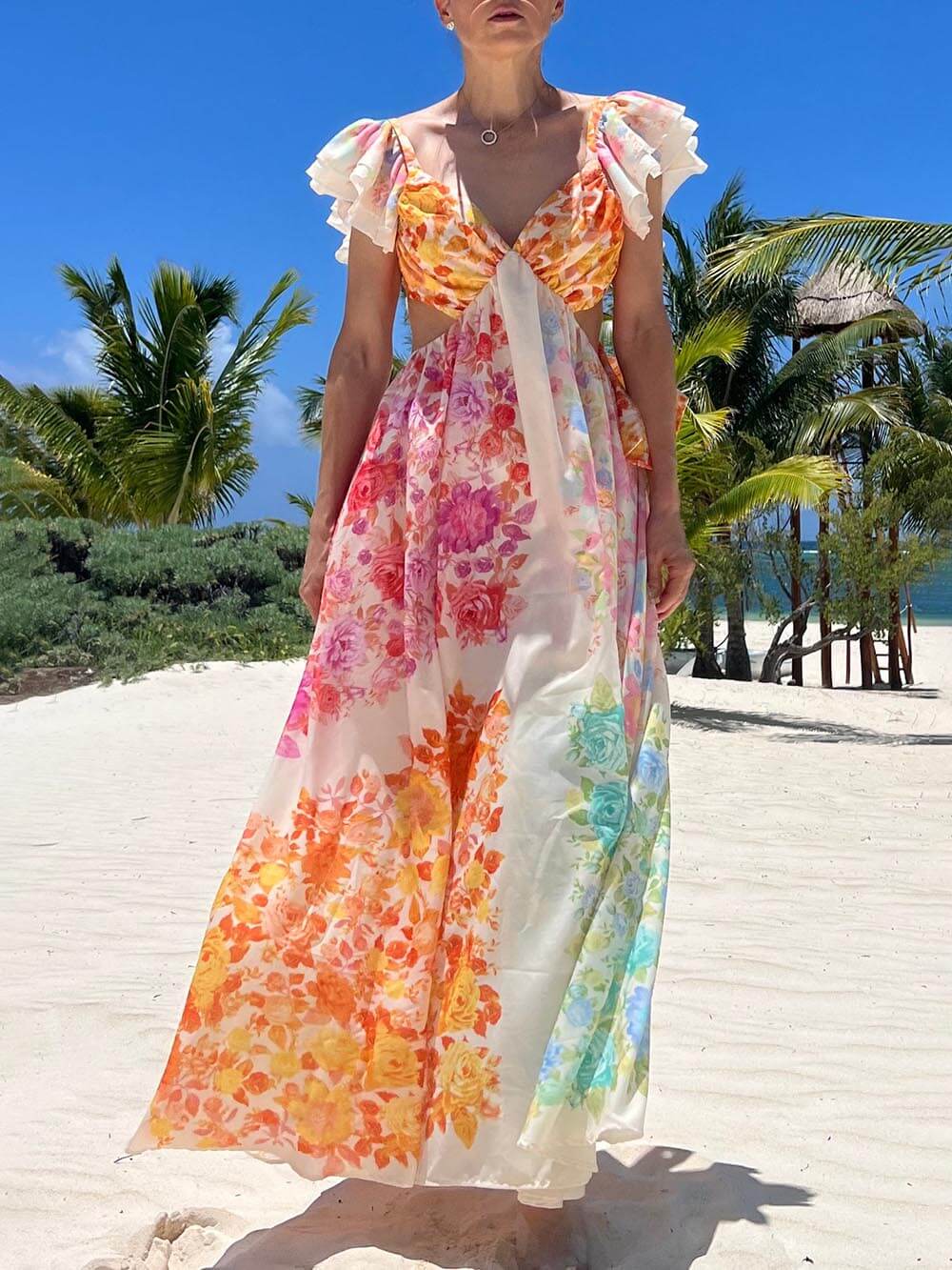 Floral Frill Cutout Back Tie - Up Maxi Dress