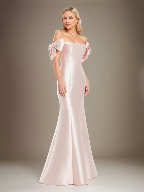 Trumpet/Mermaid Off-the-Shoulder Floor-Length Satin Mother Of The Bride Dress With Bow Sleeves - FashionDia