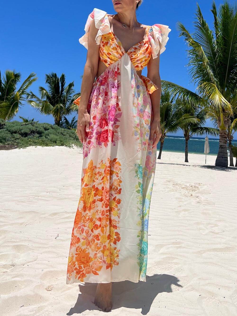 Floral Frill Cutout Back Tie - Up Maxi Dress