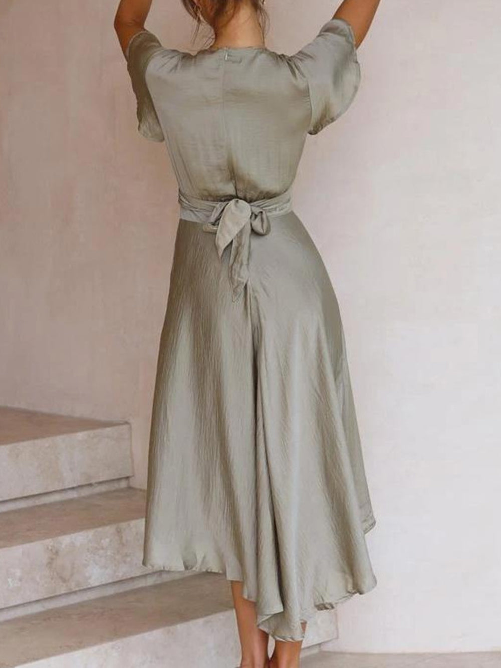 Sage Satin Maxi Wrap Dress: Twist Front Cutout