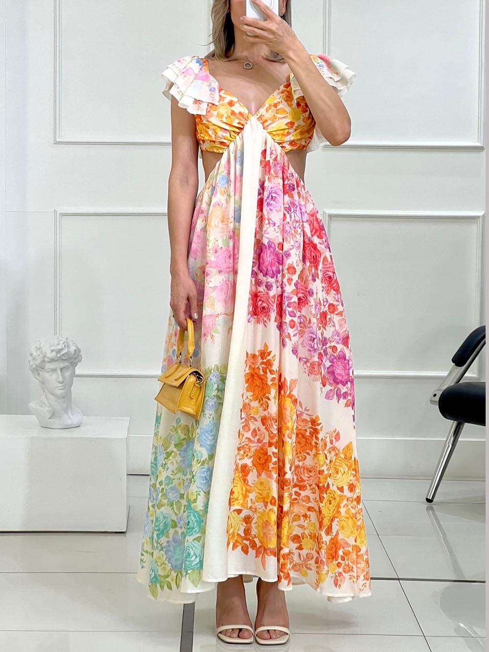 Floral Frill Cutout Back Tie - Up Maxi Dress
