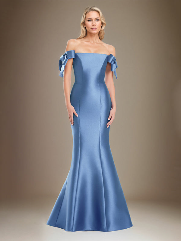 Trumpet/Mermaid Off-the-Shoulder Floor-Length Satin Mother Of The Bride Dress With Bow Sleeves - View 4 | FashionDia