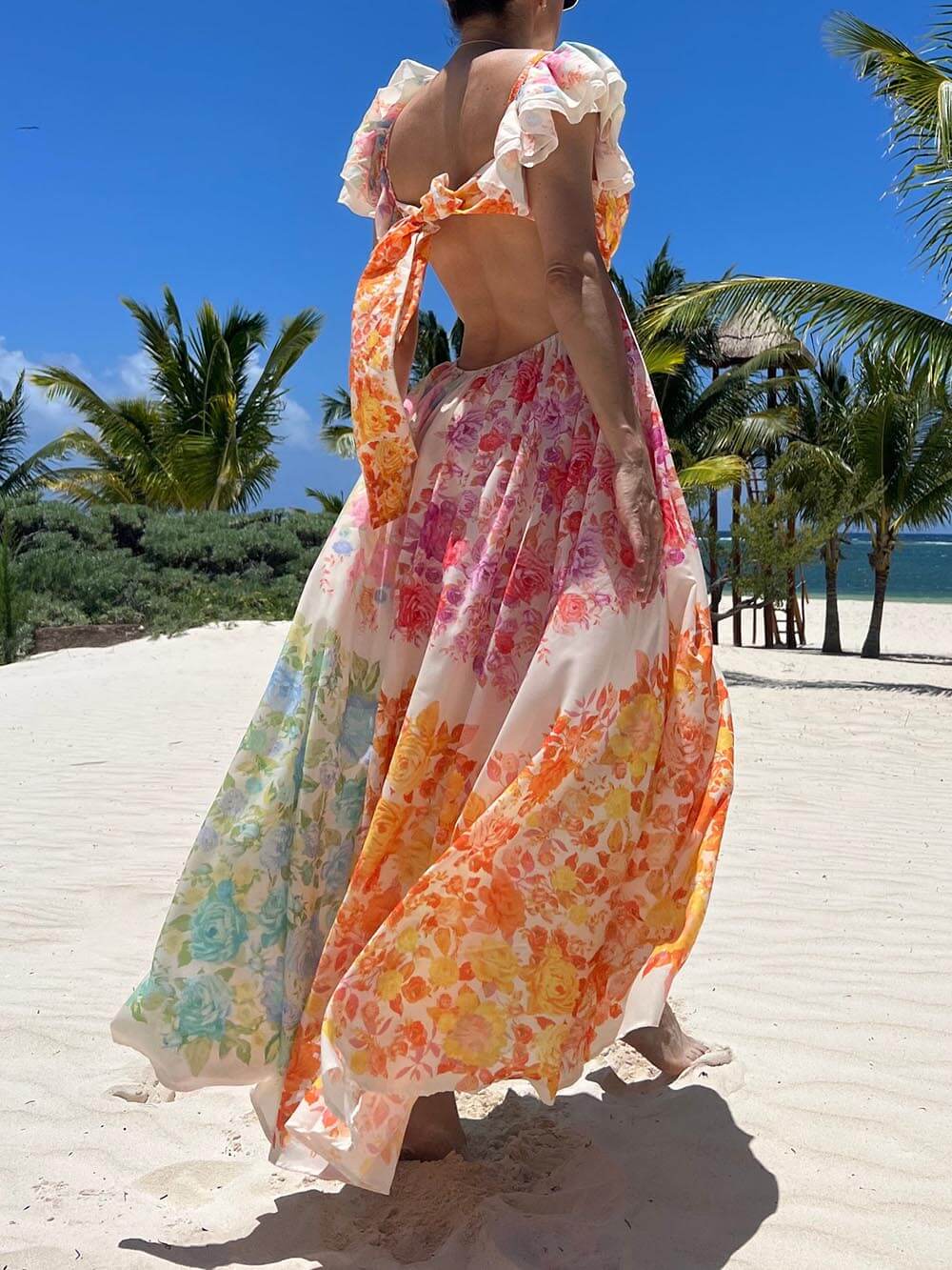Floral Frill Cutout Back Tie - Up Maxi Dress