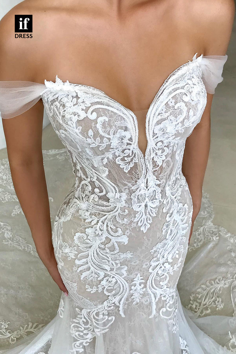 31578 - Glamorous Off-Shoulder Cap Sleeves Lace Appliques Wedding Dress