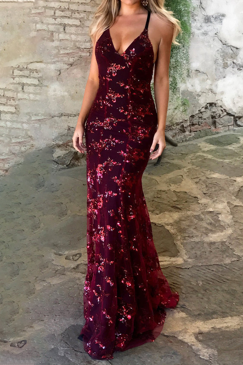 Celebrities Elegant Solid Sequins Frenulum V Neck Evening Dress Dresses(4 Colors) - View 9 | VelvetHem