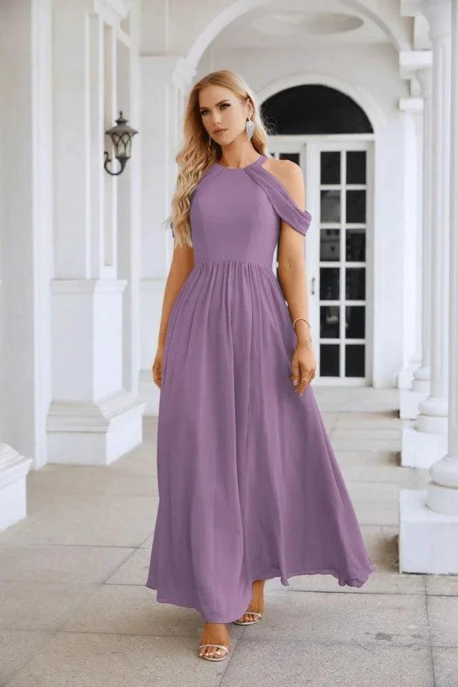 Ladies Chiffon Off Shoulder Swing Sleeve Front Slit Bridesmaid Evening Dress Wedding Party Evening Dress 28117 (ZD17011)