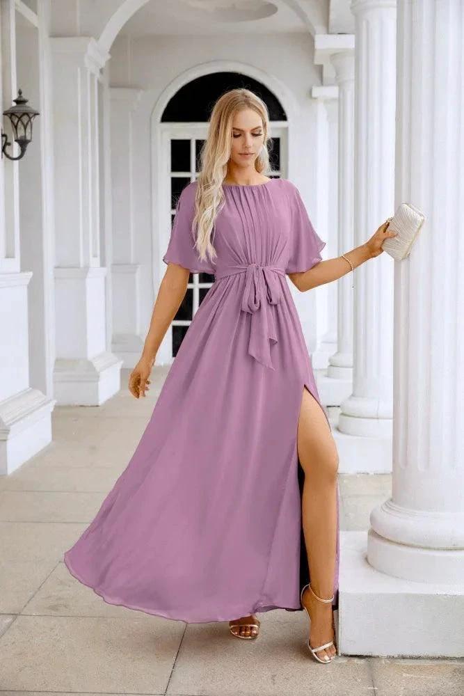 Ladies Chiffon Sleeve Crew Neck Front Slit Floor Length Bridesmaid Evening Dress Wedding Party Evening Dress 28124 by numbersea