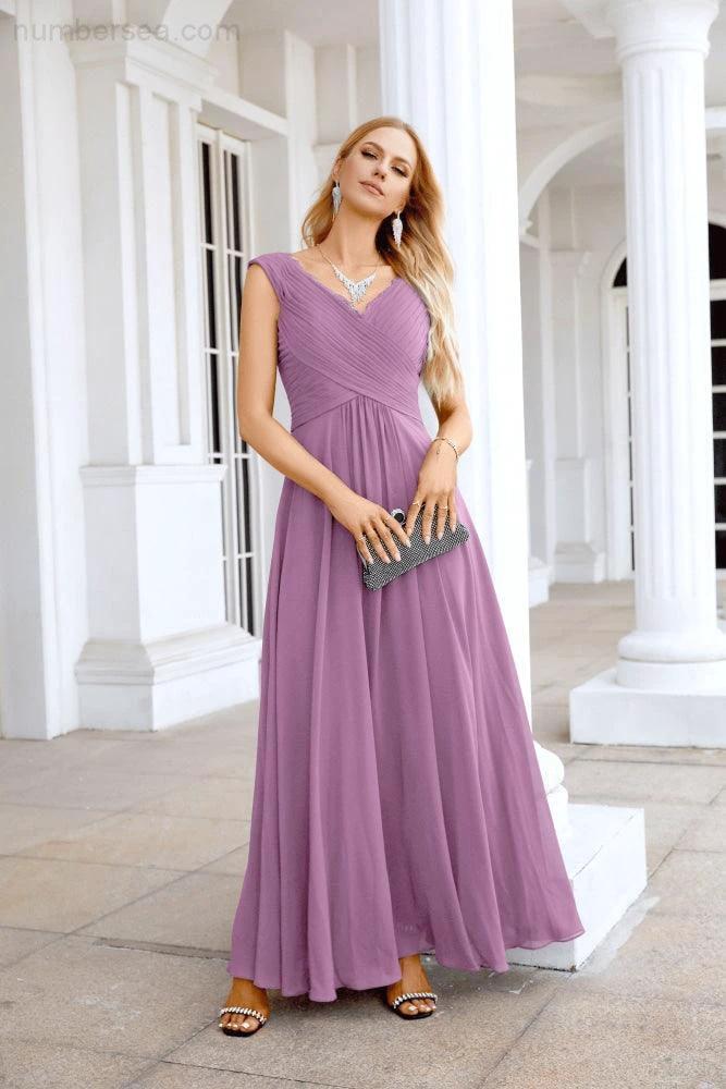 Ladies Chiffon V Neck Sleeveless Floor Length Bridesmaid Evening Dress Wedding Party Evening Dress 28126 (ZD16989)