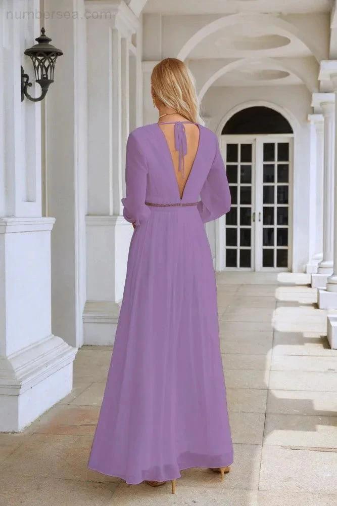 Ladies V Neck Chiffon Long Sleeve Front Slit Bridesmaid Evening Dress Wedding Party Shopping Evening Dress 28109 (ZD16991)
