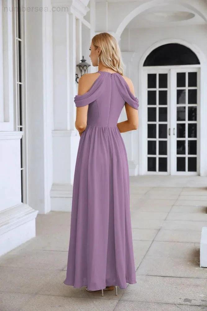 Ladies Chiffon Off Shoulder Swing Sleeve Front Slit Bridesmaid Evening Dress Wedding Party Evening Dress 28117 (ZD17011)
