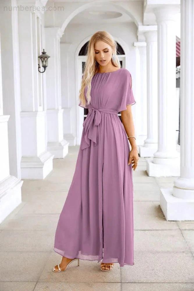 Ladies Chiffon Sleeve Crew Neck Front Slit Floor Length Bridesmaid Evening Dress Wedding Party Evening Dress 28124 (ZD17007)