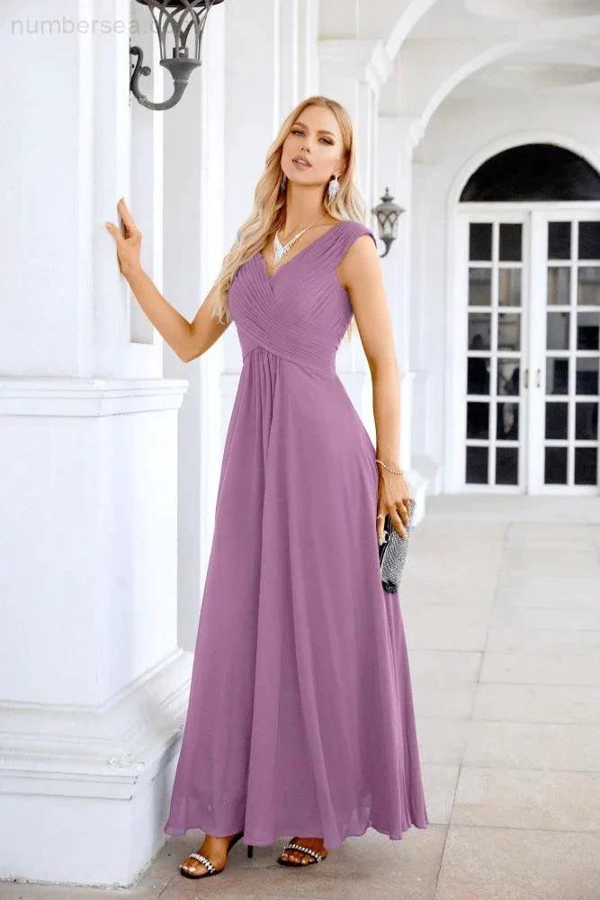 Ladies Chiffon V Neck Sleeveless Floor Length Bridesmaid Evening Dress Wedding Party Evening Dress 28126 (ZD16989)